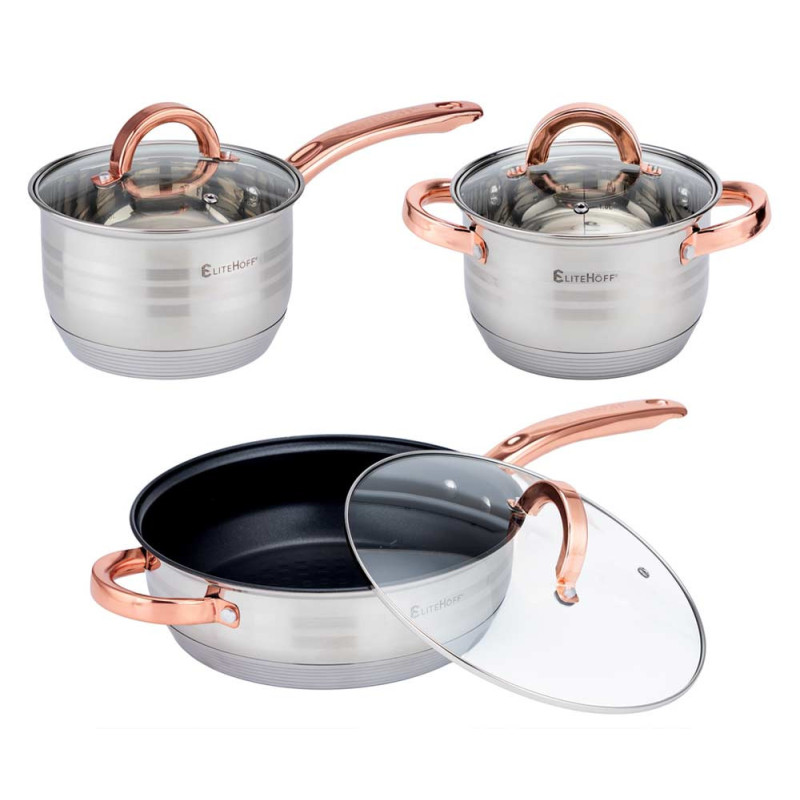 Garnki stalowe 16/16/18/20/24/24 cm zestaw 12 elementowy patelnia rondel Elitehoff E 4403 uchwyty Rose Gold indukcja gaz