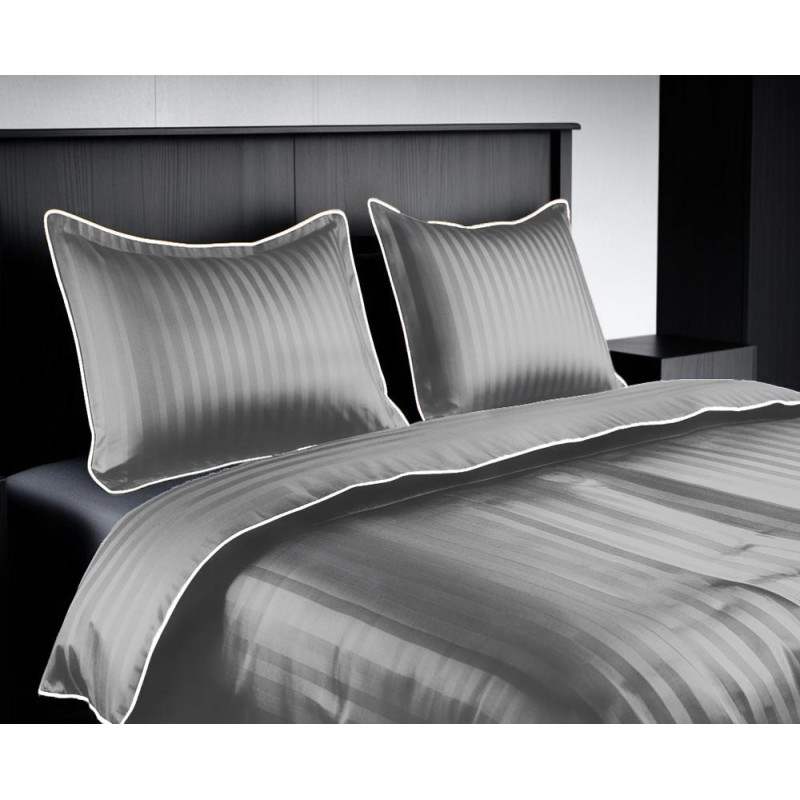 Pościel hotelowa adamaszek 160x200 dwustronna w paski GierekHoff KOMA 5928 gruba 3 el szara z białą lamówka