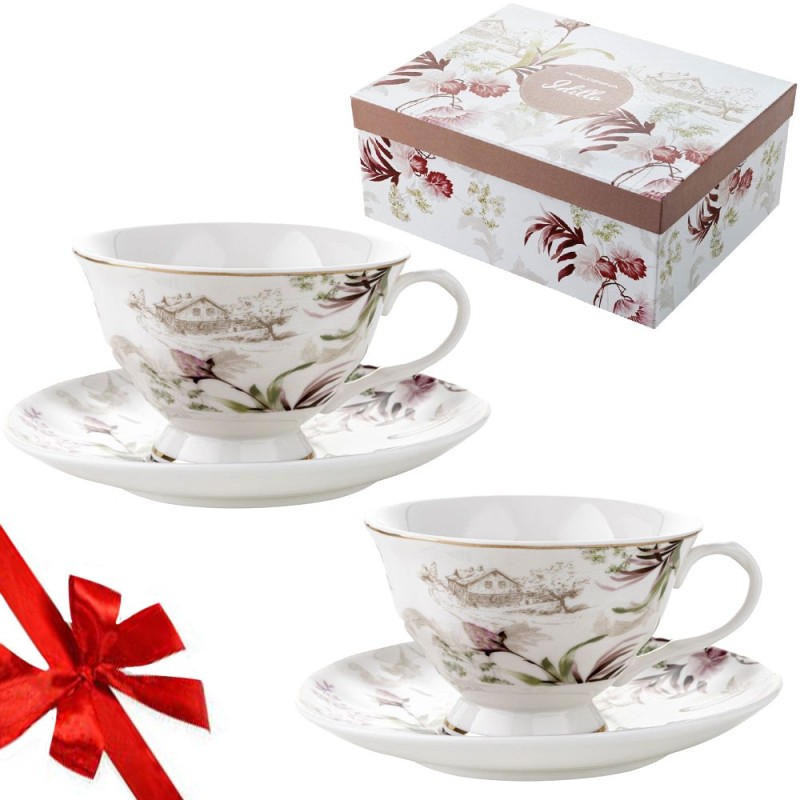 Serwis kawowy dla 2 osób Idilla porcelana zestaw filiżanek ze spodkami 2+2 biały Florina