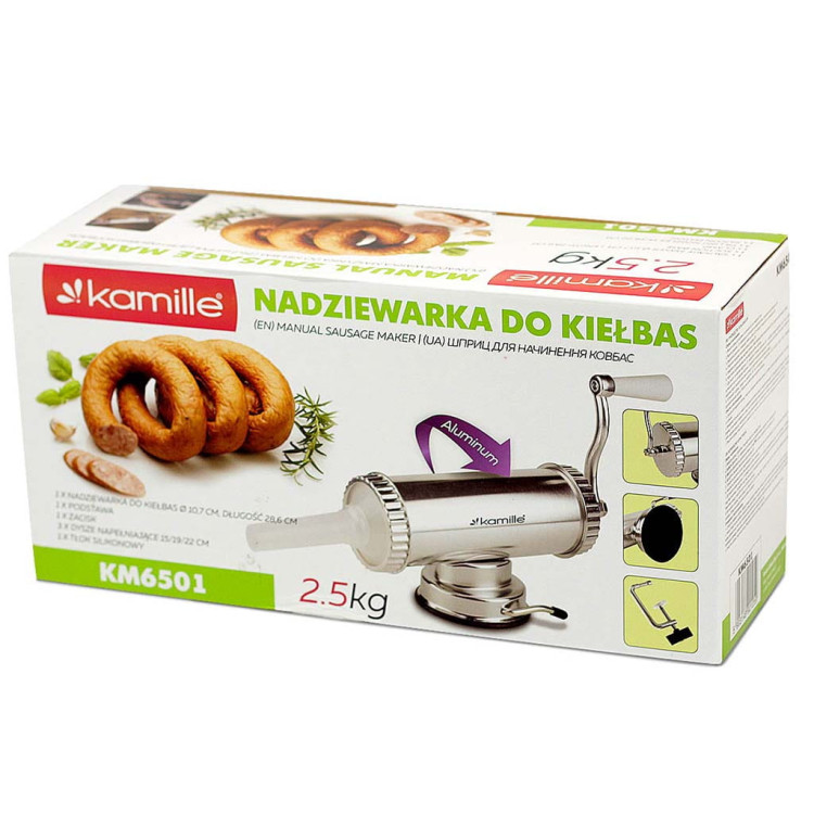 Nadziewarka Kamille KM 6501 maszynka 2,5 kg szpryca kiełbasy tłok x3 rurki Nadziewarka Kamille KM 6501 maszynka 2,5 kg szpryca kiełbasy tłok x3 rurki
