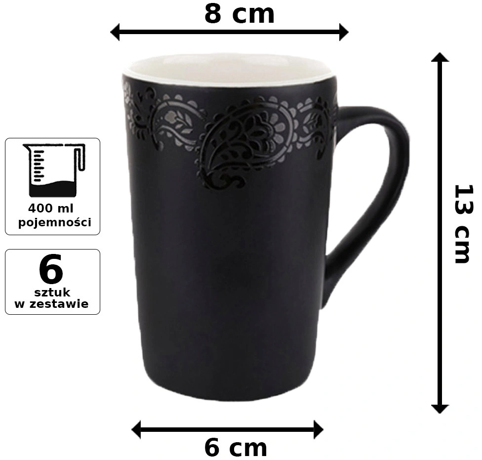 Zestaw 6 kubków czarnych porcelanowych Bianco 400 ml wysoka jakość wymiary