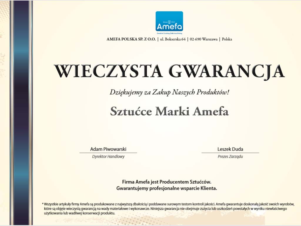 Certyfikat wieczystej gwarancji Amefa