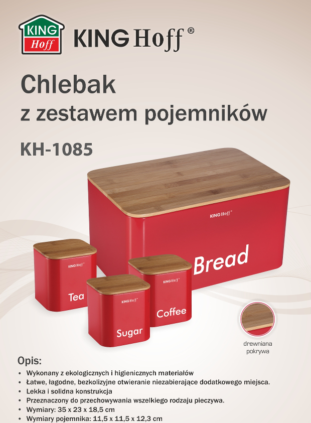 Chlebak czerwony stalowy Kinghoff KH 1085 pojemnik na pieczywo metalowy