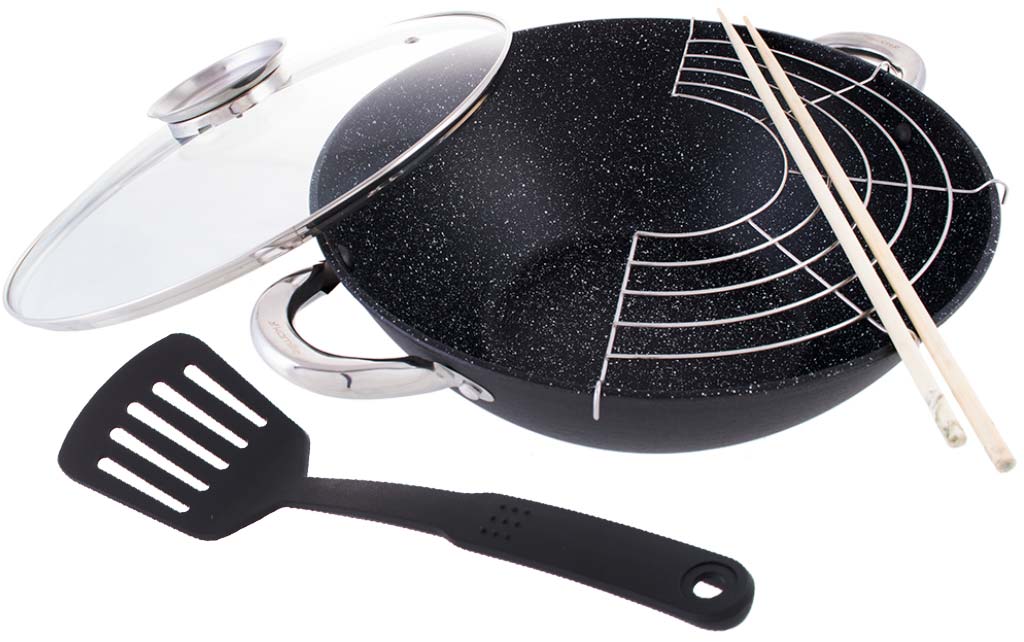 Patelnia wok indukcja/gaz Kamille 4806MR żeliwna 28cm z pokrywką i sztućcami