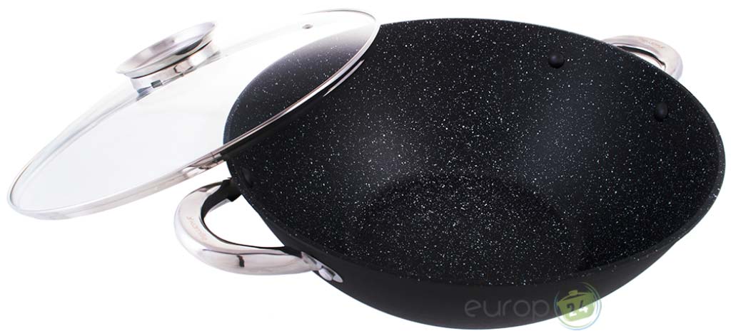 Patelnia wok indukcja/gaz Kamille 4806MR żeliwna 28cm z pokrywką i sztućcami