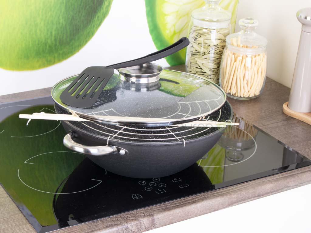 Patelnia wok indukcja/gaz Kamille 4806MR żeliwna 28cm z pokrywką i sztućcami