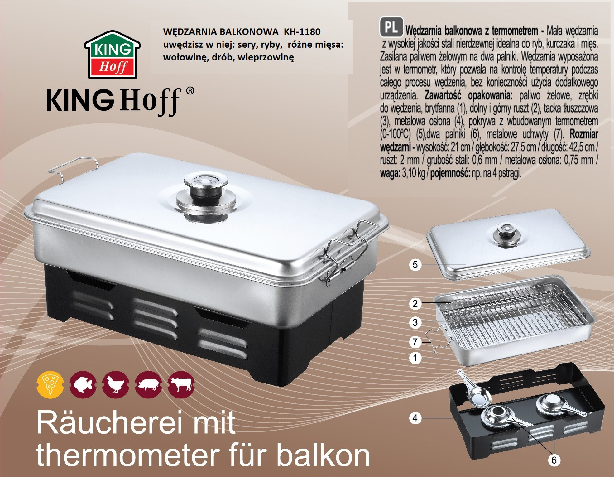 Wędzarnia KingHoff KH 1180 domowa balkonowa z termometrem